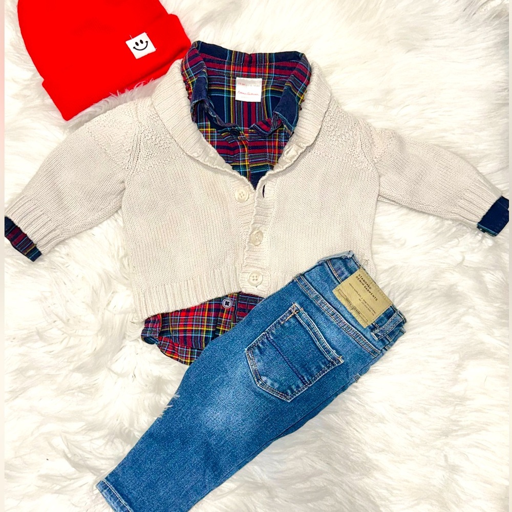 Baby boy Cream Cardigan, plaid button up, fleece beanie and Zara jeans 4-Pieces